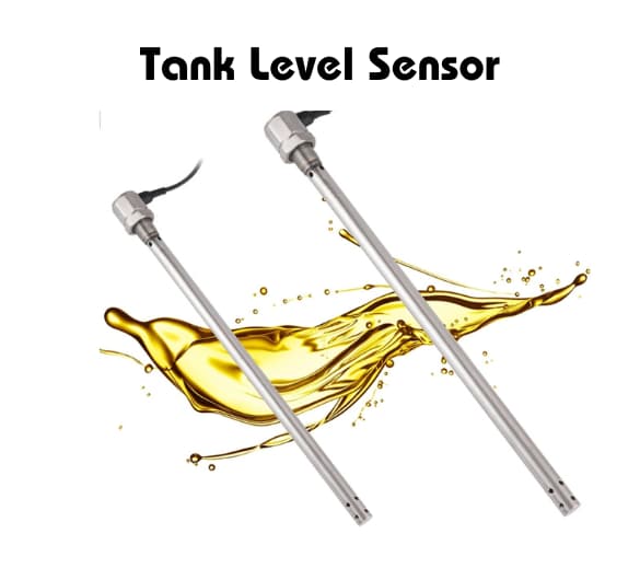 Two stainless steel tank level sensors with a yellow liquid splash background, illustrating their use for measuring liquid levels in tanks